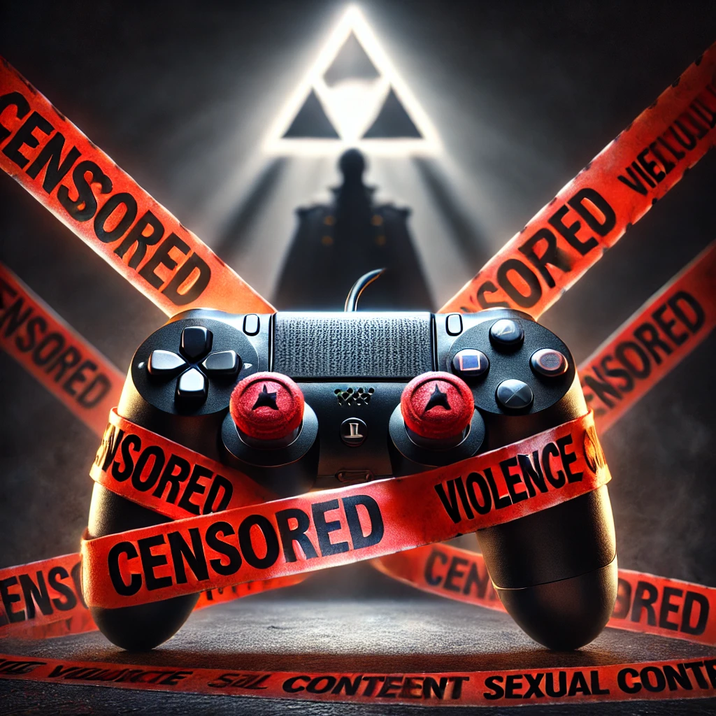 Dall·e 2025 03 15 22.56.13 a powerful conceptual digital illustration symbolizing video game censorship due to violence and sexual content. the image features a video game contr
