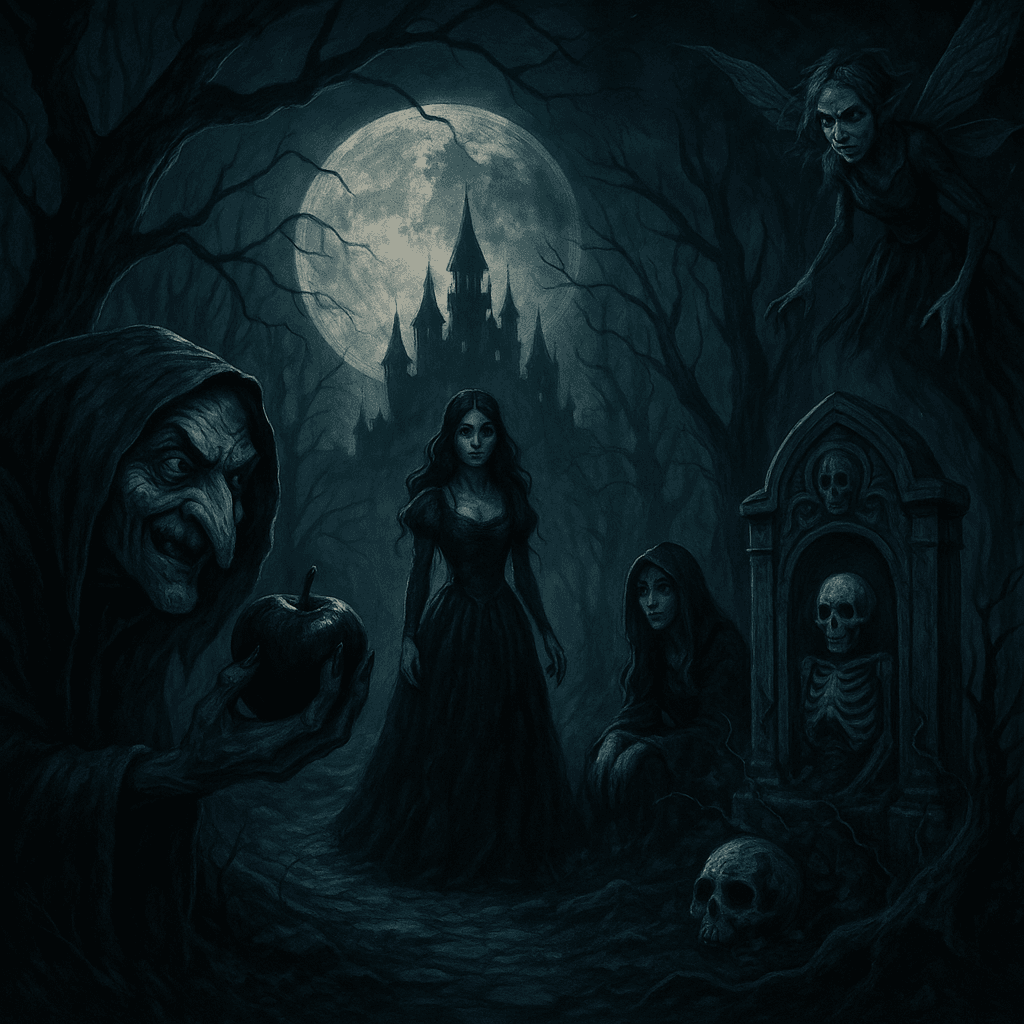 Ilustração digital de uma floresta iluminada pela luz da lua, com uma atmosfera sombria e macabra. Árvores retorcidas projetam sombras inquietantes, enquanto uma névoa densa cobre o chão. No centro, um castelo gótico ao longe brilha de forma sinistra, evocando um cenário de conto de fadas misturado com terror. Pequenos detalhes, como olhos brilhantes entre as árvores e silhuetas misteriosas, reforçam a sensação de mistério e escuridão.