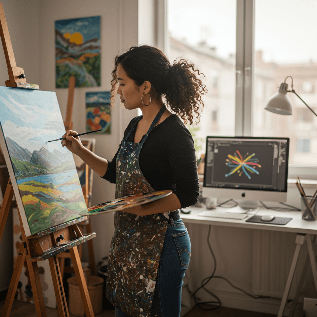 Uma jovem artista asiática, com cabelos escuros e encaracolados, está imersa na pintura de uma paisagem vibrante em uma tela dentro de um estúdio de arte bem iluminado. Ela usa um avental confortável, salpicado de tinta, sobre uma blusa preta simples e jeans. A luz do sol entra por uma grande janela, iluminando a cena. Ao fundo, um computador elegante está em uma mesa, exibindo ferramentas e pincéis de arte digital, sugerindo seus diversos interesses artísticos. A composição é centrada na pintora, com o fundo ligeiramente desfocado, criando uma sensação de intimidade e foco no processo criativo. A iluminação quente do estúdio confere uma sensação clara e arejada ao estúdio, enquanto o computador adiciona um elemento contemporâneo ao ambiente tradicional de um estúdio de artista.